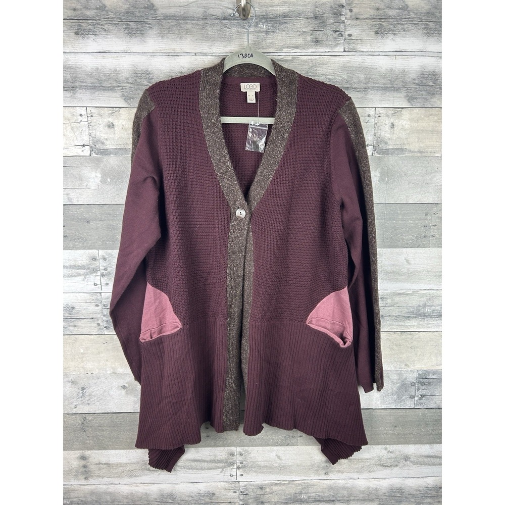 LOGO Lori Goldstein XL One Button Waffle Knit Cardigan